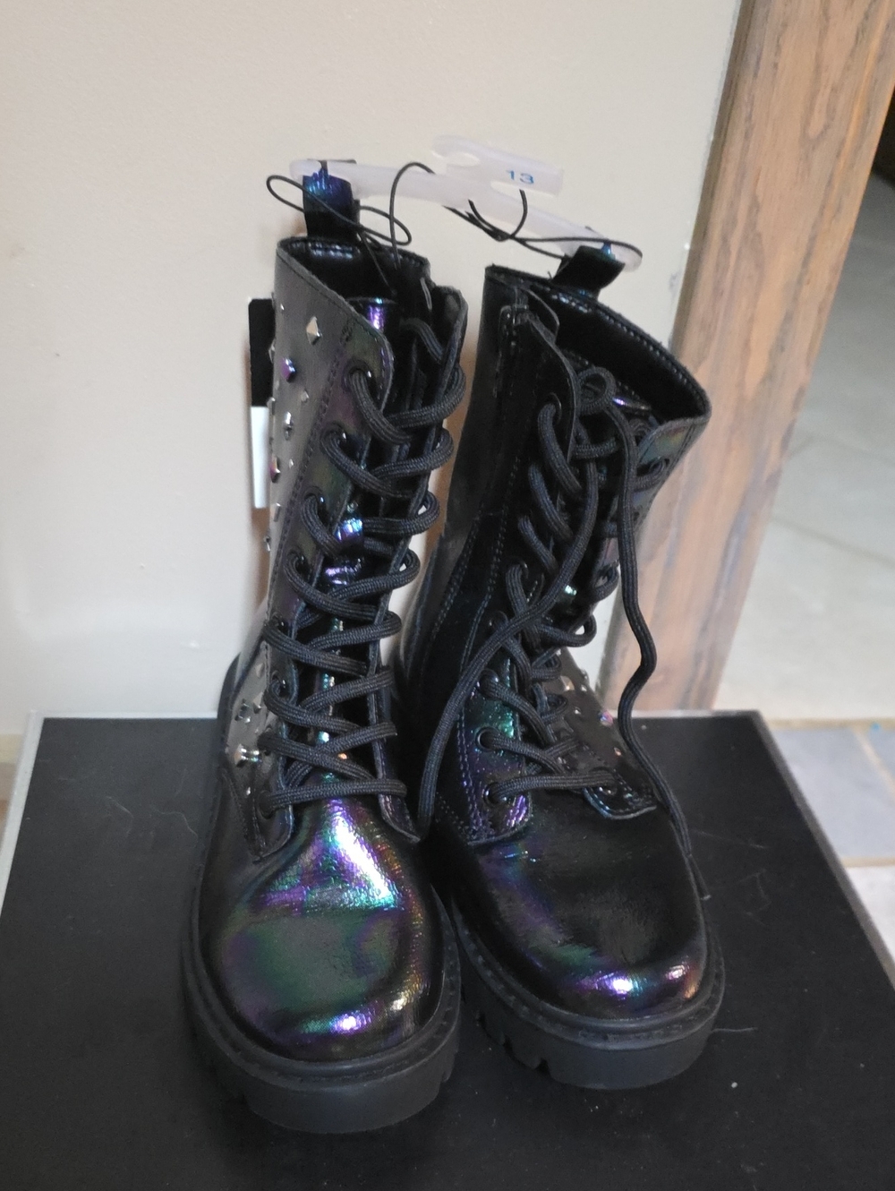 Iridescent Black Combat Boots for Women - Stylish Lace-Up